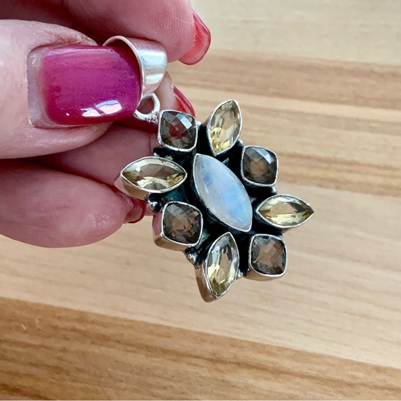 Moonstone Smoky Topaz Citrine Solid 925 Sterling Silver Pendant - Picture 4 of 5